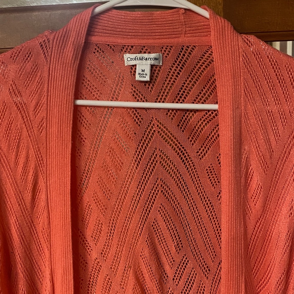 Croft & Barrow Vibrant Coral Size Medium Open Knit Cardigan Spring - Picture 3 of 9